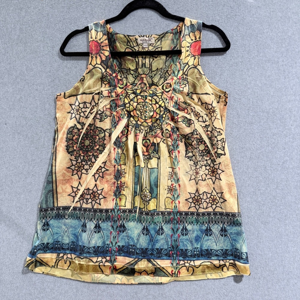 VTG Y2K One World Womens Boho Stained Glass Print Tank Top Medallion GrungeMed